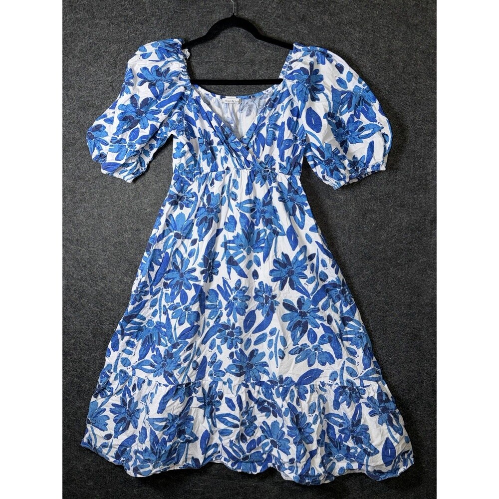 See and Be Seen Women's S 100% Cotton Floral Midi Dress Puff Sleeve Wrap Bodice - Picture 2 of 9